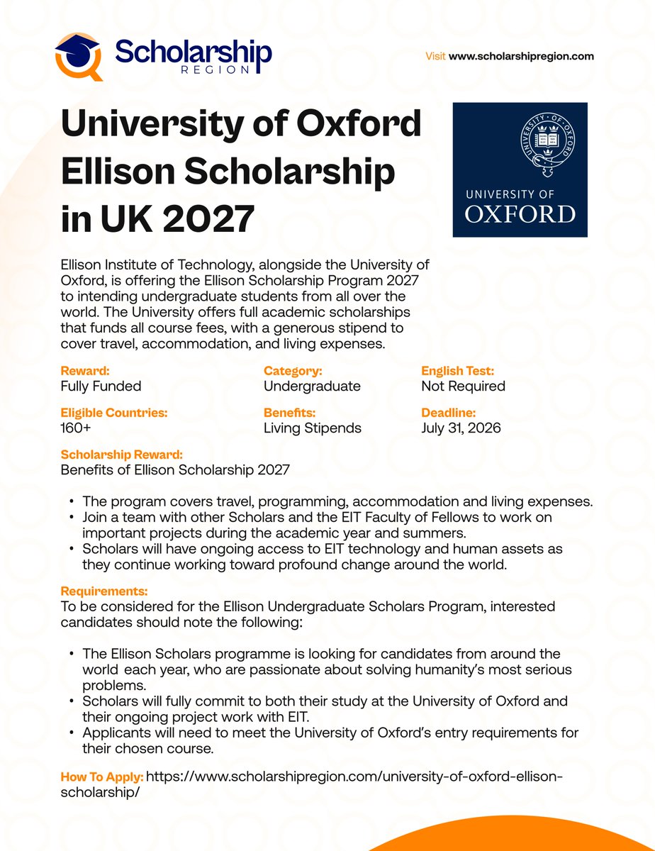 scholarsregion's tweet photo. Top Undergraduate Scholarships for International Students Without IELTS/TOEFL Requirements in 2026/27. #SRThread
2026 Michigan State University Scholarship in USA
https://t.co/fqUQsH2lx8
University of Oxford Ellison Scholarship in UK 2027 (Ellison Undergraduate Scholars Program) | Fully Funded
https://t.co/DkRdTIP7u6
NNPC Renaissance JV Scholarship For Nigerians 2026
https://t.co/c5OvpK6LEm
McGill University Entrance Bursary 2026 in Canada
https://t.co/aPAiVYTWdR
Japan Government MEXT Scholarship for Undergraduates 2027 | Fully Funded
https://t.co/gGWMndtOV0
Kazakhstan Government Scholarship 2026 | Fully Funded
https://t.co/reL9QNePAs
2026 Karsh International Scholarship at Duke University in USA | Fully Funded
https://t.co/7tXlW6Wfzz
University of Leicester Undergraduate Scholarship in UK 2026
https://t.co/7KEb06nD4N