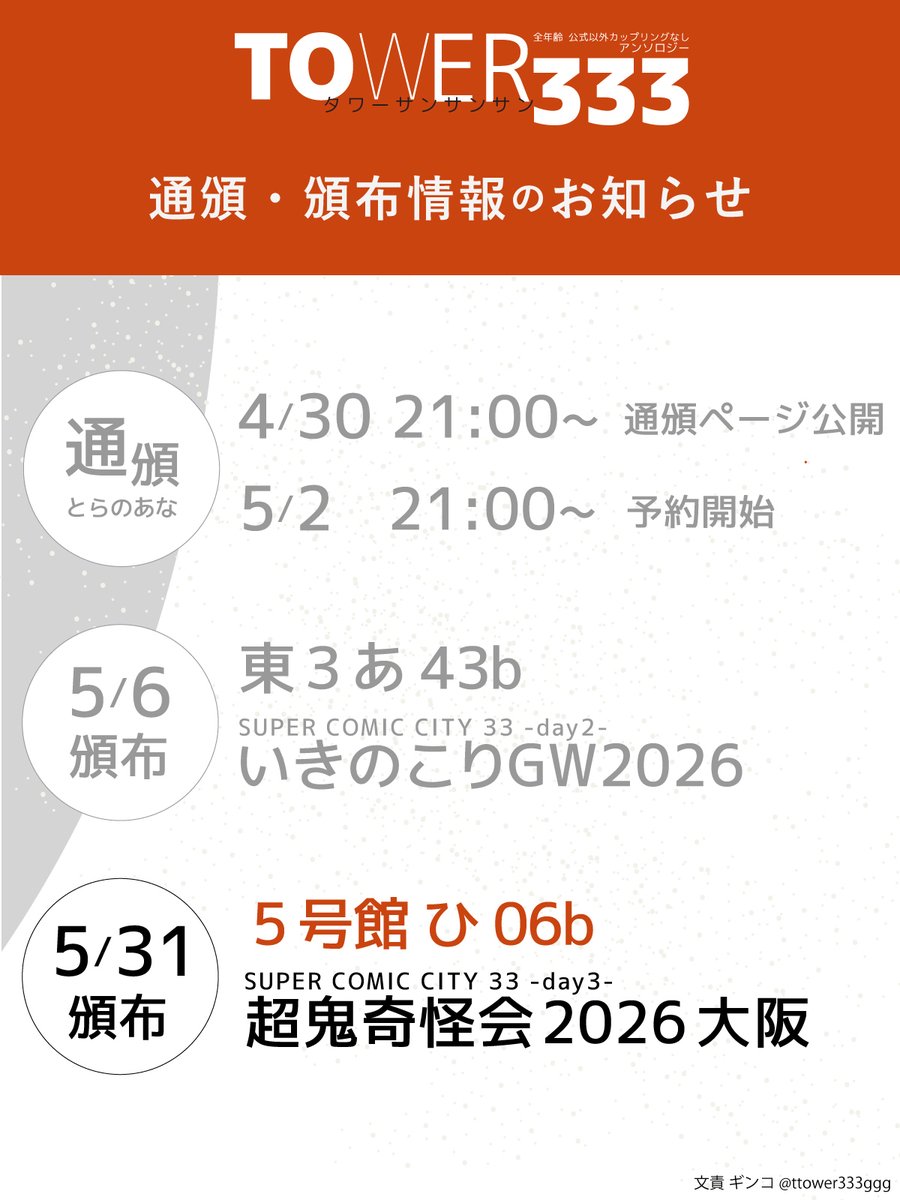 ttower333ggg's tweet photo. 【5/31 SUPER COMIC CITY 33 -day3- 頒布スペースのお知らせ】 

超鬼奇怪会 2026大阪
５号館 ひ06b  
サークル「ハナムグリ」にて頒布いたします。 

大阪でのアンソロジー頒布になります！お立ち寄りいただけましたら嬉しいです。 https://t.co/qPG6Ma9a5A