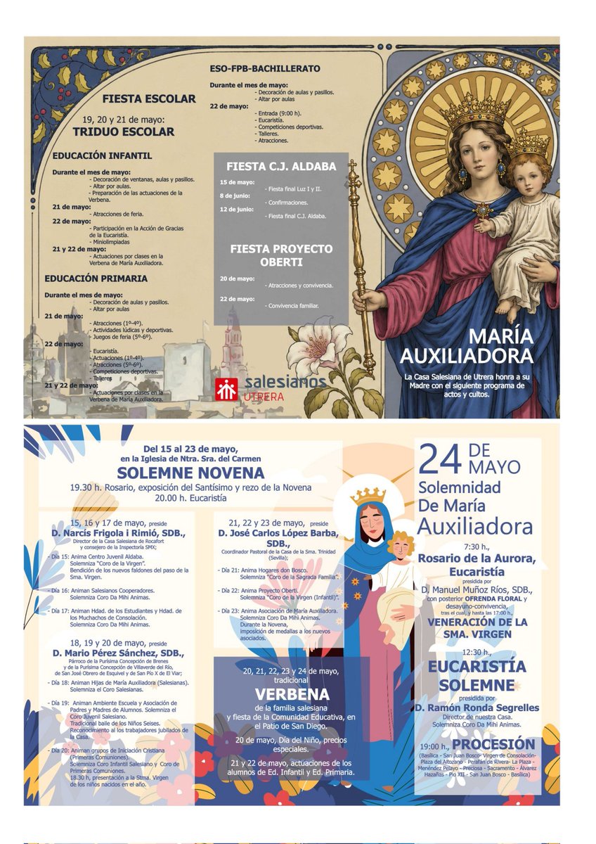 HDADMUCHACHOS's tweet photo. 𝐌ª 𝐀𝐔𝐗𝐈𝐋𝐈𝐀𝐃𝐎𝐑𝐀 | El próximo 17 de mayo, 3er día de Novena a María Auxiliadora, nuestra Hermandad estará presente y será la encargada de animar junto con la querida @HdadSalesianos

Invitamos a todos los hermanos a participar en los días grandes de la Casa Salesiana. https://t.co/dG1Ri0EalM