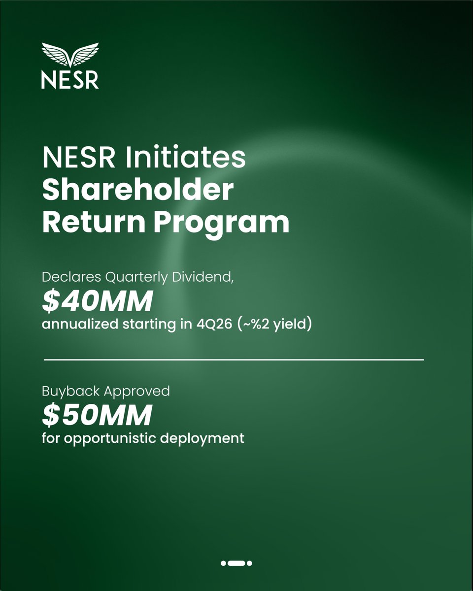 NESRCorp's tweet photo. NESR delivered a record start to 2026, achieving the highest quarterly revenue in Company history alongside strong EBITDA growth and continued operational momentum. We also announced the launch of our shareholder return framework, including a quarterly dividend and share repurchase program, reflecting confidence in our long-term strategy and resilient business model.