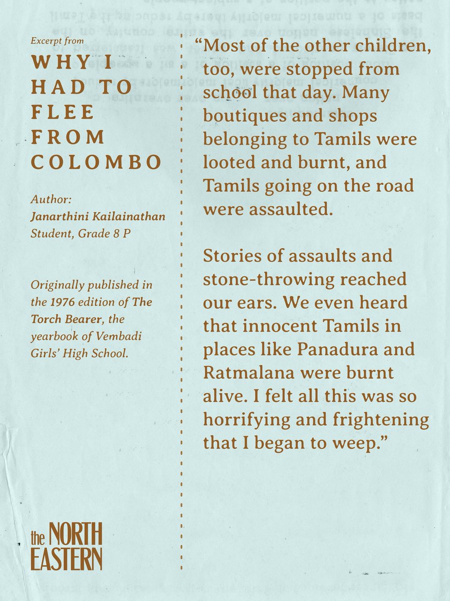 northeast_mag's tweet photo. Originally published in the 1976 edition of The Torch Bearer, the yearbook of Vembadi Girls’ High School, author Janarthini Kailainathan was a student in Grade 8 P. https://t.co/pZilAe6jLV