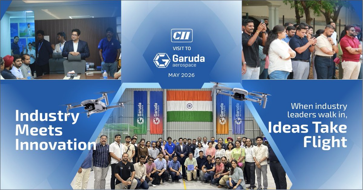 garuda_india's tweet photo. Industry meets innovation.

Garuda Aerospace was pleased to host CII for an insightful visit focused on drone technology, manufacturing capabilities, and real-world applications shaping India’s aerial ecosystem.

#GarudaAerospace #CII #DroneInnovation #DroneTechnology #IndustryCollaboration #MakeInIndia