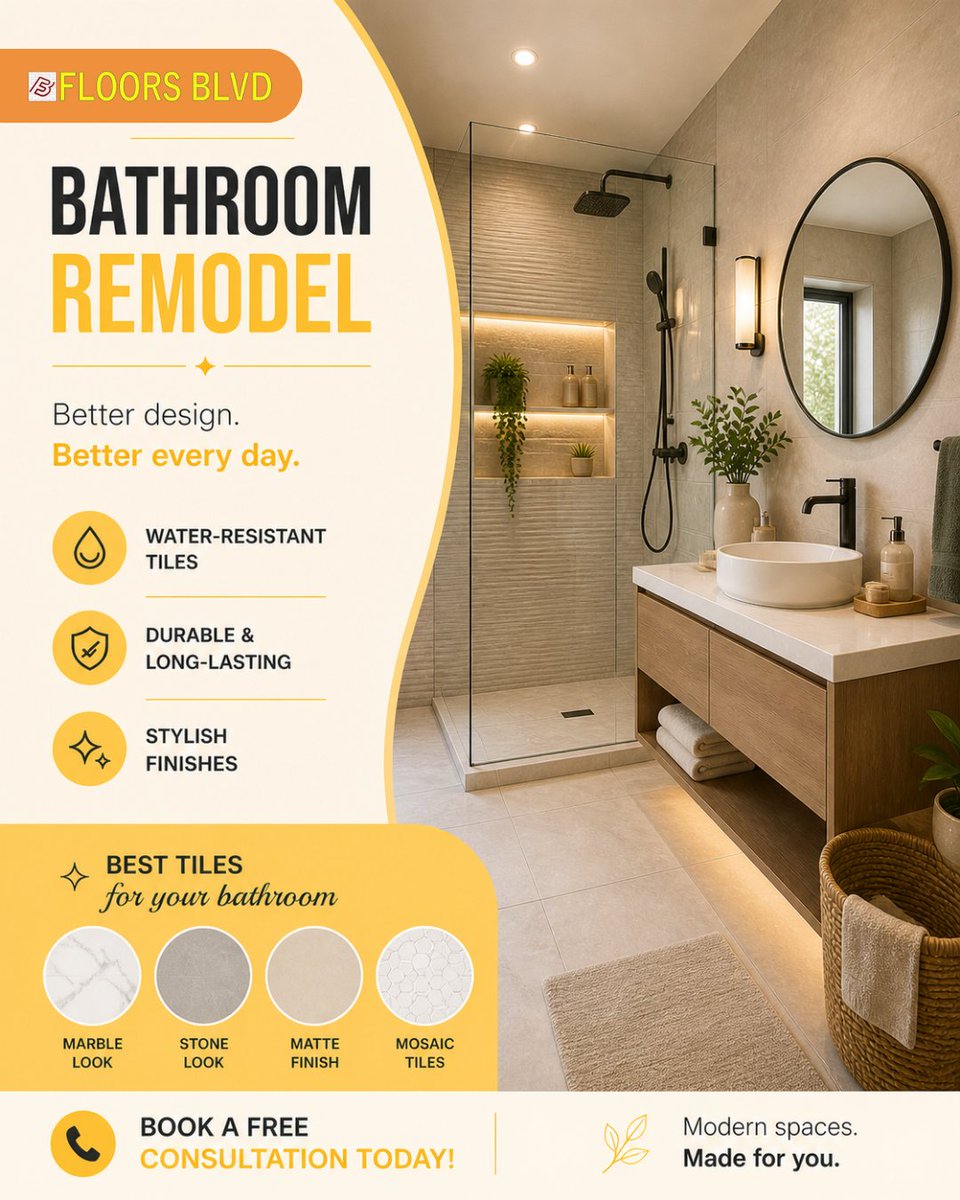 FloorsBLVD's tweet photo. Transform your bathroom into a modern, relaxing space
Upgrade your everyday routine with stylish, water-resistant tiles &amp; designs that last for years.
📞 Ready for your bathroom makeover?
👉 Book your FREE consultation: https://t.co/mrtPOzwcjo

#BathroomRemodel #HomeRenovation https://t.co/FRkEIzNp60
