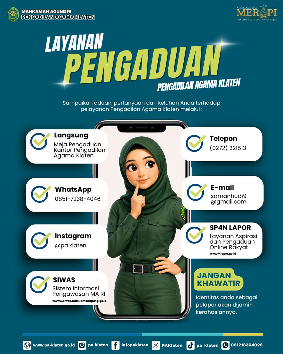 PAKlaten's tweet photo. 📢 𝐒𝐮𝐚𝐫𝐚 𝐀𝐧𝐝𝐚, 𝐊𝐨𝐦𝐢𝐭𝐦𝐞𝐧 𝐊𝐚𝐦𝐢 𝐮𝐧𝐭𝐮𝐤 𝐁𝐞𝐫𝐛𝐞𝐧𝐚𝐡

Halo #SobatMERAPI

📝 Sampaikan pengaduan Anda melalui kanal resmi layanan pengaduan yang tersedia.
________________________________
Pengadilan Agama Klaten 🅼🅴🆁🅰🅿🅸 https://t.co/7Xpbw3sp8o