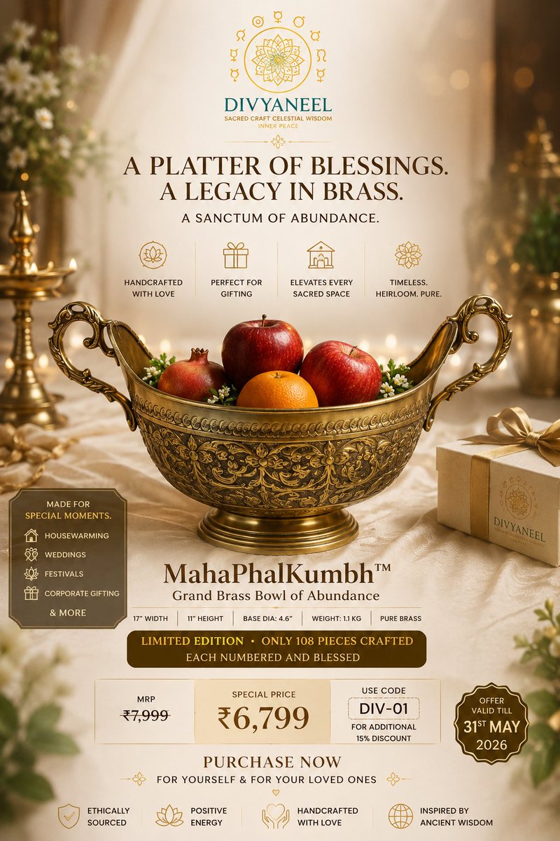 DivyaneelDC's tweet photo. A Platter of Blessings. A Legacy in Brass.
Introducing MahaPhalKumbh™ by Divyaneel — handcrafted for sacred homes, meaningful gifting, and timeless celebrations.
 🛒 Divyaneel Official Website
#Divyaneel #LuxuryGifting #BrassDecor #HousewarmingGift #WeddingGifting #MadeInIndia https://t.co/s1nDPj8jqo
