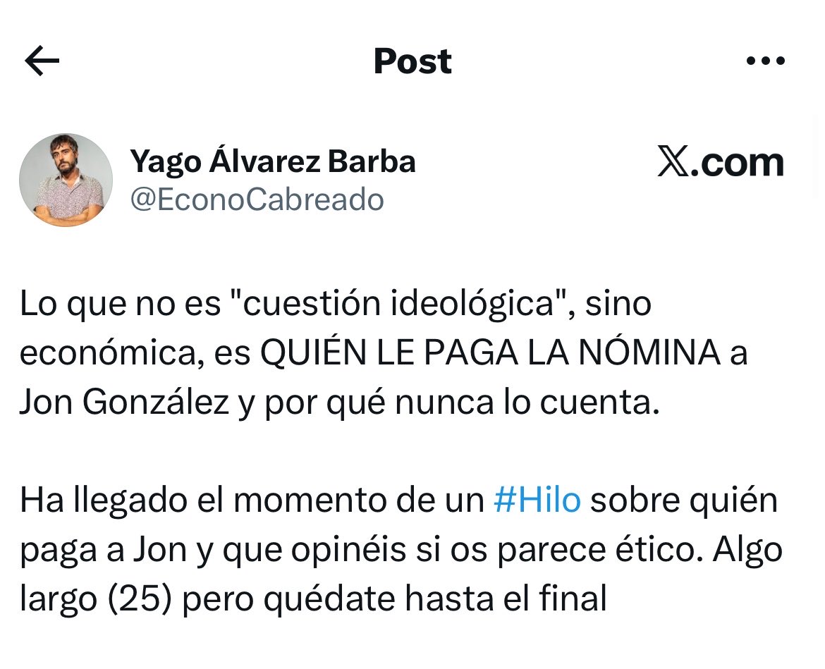 Pongámosle nombre y apellidos a la infamia: acuso a <a href="/EconoCabreado/">Yago Álvarez Barba</a> de instigar el acoso personal y laboral contra Jon González porque no le gustaba lo que decía. 

Como no podían refutar sus argumentos sobre fiscalidad, vivienda y pensiones, han ido a por la persona. 

Y yendo a