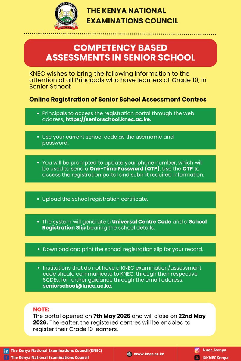 KNECKenya's tweet photo. KNEC has put in place necessary measures to ensure that the implementation of Competency Based Assessment (CBA) is aligned with the Competency Based Education (CBE).  In this regard, the Council hereby wishes to bring the following information to the attention of all Principals who have learners at Grade 10, in Senior School: 

#integrity #earc #2026assessments