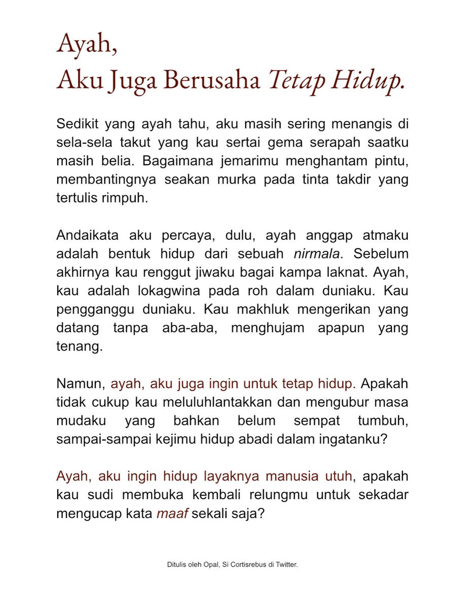 TW // FATHER ISSUE.

Ayah,
Aku Juga Ingin Tetap Hidup.
🖊️ Cortisrebus