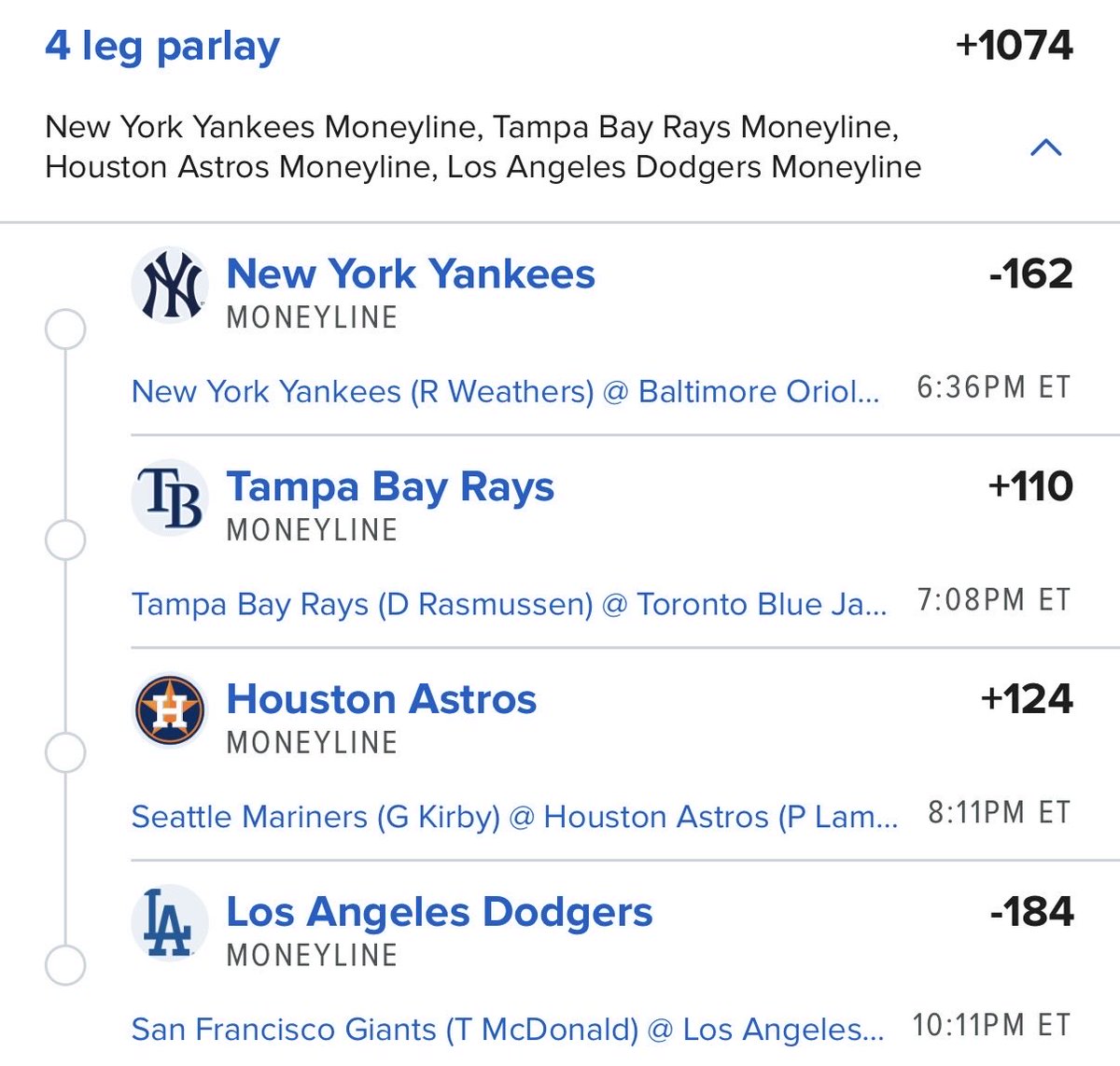 picksagainst's tweet photo. MLB MONEY LINE LONGSHOT PARLAY

$10 ➡️ $117 https://t.co/wNUv5iOLwH