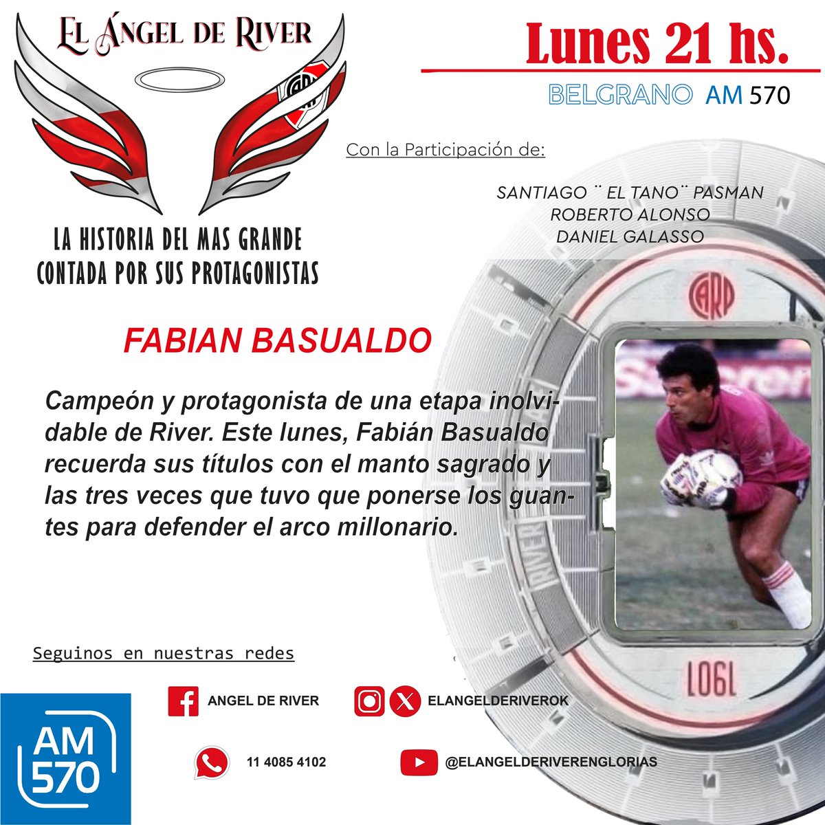 AngelDeRiverOk's tweet photo. ⚪🔴 Este lunes en El Ángel de River, Fabián Basualdo.
Multicampeón con River y protagonista de una historia única: el defensor que debió ocupar el arco millonario en tres ocasiones.
Una charla llena de recuerdos, títulos y pasión riverplatense. 📻 https://t.co/VYiQMhozvW