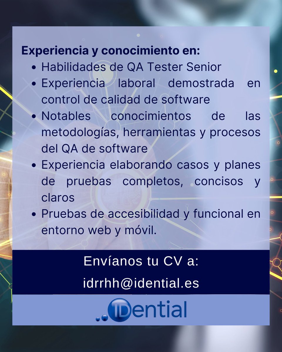 IDential_Global's tweet photo. 💼 {#EmpleoIDential}

🔎 Estamos seleccionando un perfil como TESTER QA MOVIL/WEB con muchas ganas de incorporarse a un nuevo proyecto muy interesante en un cliente líder del sector IT.

🔗 https://t.co/1sT8SFW52F

#testerqa #perfiltester #trabajotester https://t.co/BYUb4o4X7E