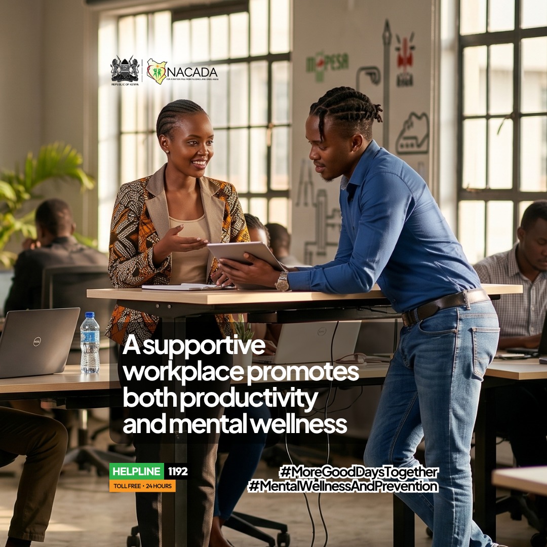 NACADAKenya's tweet photo. 💼 HEALTHY WORKPLACE. HEALTHY MIND. HEALTHY BUSINESS.

A supportive workplace promotes both productivity and mental wellness.

Employers: Create drug-free, mentally healthy environments where staff feel:

✅ Valued
✅ Heard
✅ Supported
More good days begin with healthy workplaces.