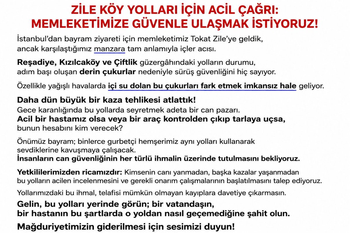 unlu85's tweet photo. Bayram öncesi memleketimiz Zile’ye geldik. Reşadiye-Kızılcaköy hattında yollardaki çukurlar ulaşımı zorlaştırıyor. Kimsenin canı yanmadan bu yolların bakımı için desteklerinizi bekliyoruz.
@tokatozelidare
@ZileKaymakamlik
@mkyazicioglutr
#Zile #Tokat #YolSorunu #TrafikGüvenliği https://t.co/xgNHK0uQjO