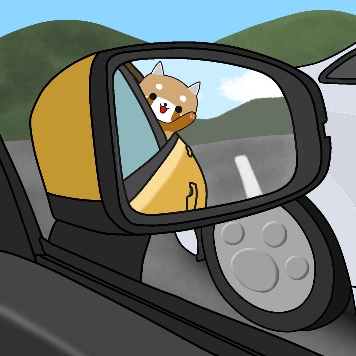 出ぱつ前にはサイドミラーをかくにんしてくレッサー🚗

  #レッサーにゃんこ  #レッサーパンダ  #猫  #イラスト