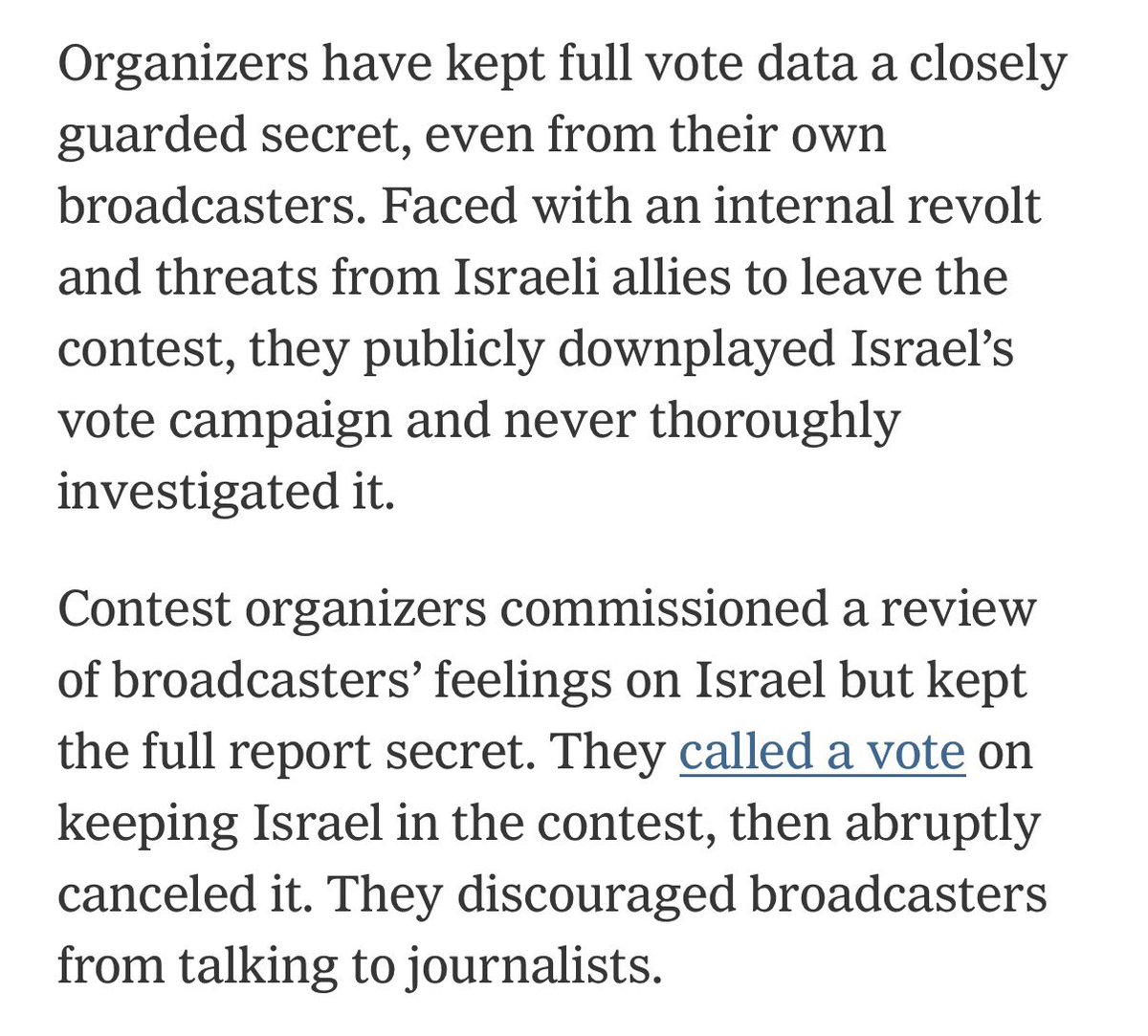 BumbacComeback's tweet photo. We barely talk about how little the EBU did to provide vote data to the broadcasters which broadcasters demanded. And how suspicious the EBU cancelled the announced extra vote on Israel's participation in the Eurovision.
New York Times: https://t.co/jMj9i62KN1