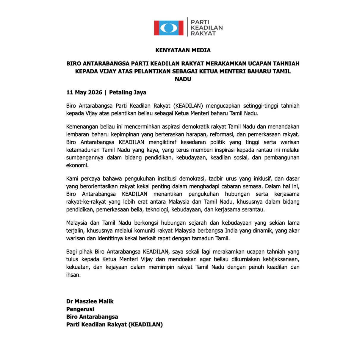 biro_pkr's tweet photo. Kenyataan Media 

BIRO ANTARABANGSA PARTI KEADILAN RAKYAT MERAKAMKAN UCAPAN TAHNIAH
KEPADA VIJAY ATAS PELANTIKAN SEBAGAI KETUA MENTERI BAHARU TAMIL
NADU https://t.co/pvX9rrKvbg