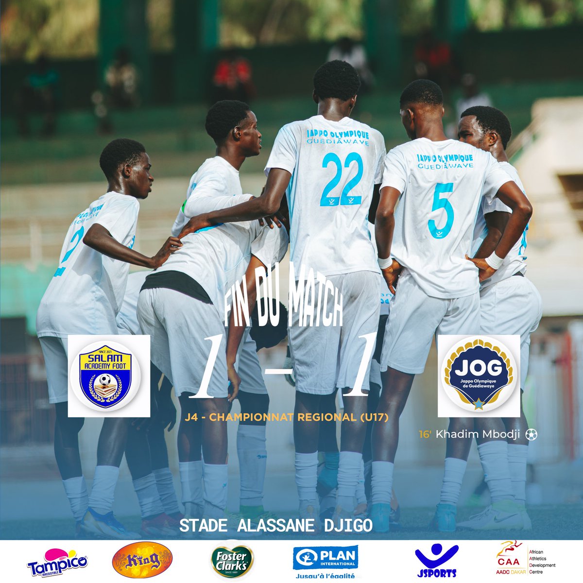 JOG_SPORTS's tweet photo. ⏱️ 𝗙𝗜𝗡 𝗗𝗨 𝗠𝗔𝗧𝗖𝗛

Match nul de nos U17 face à Salam Academy Foot (1-1) lors de cette 4ème journée du Championnat Régional 💙💛

⚽ 16’ Khadim Mbodji

#JOG #U17 #ChampionnatRégional #TeamJOG #AllezJOG https://t.co/KBuAtFq0D7