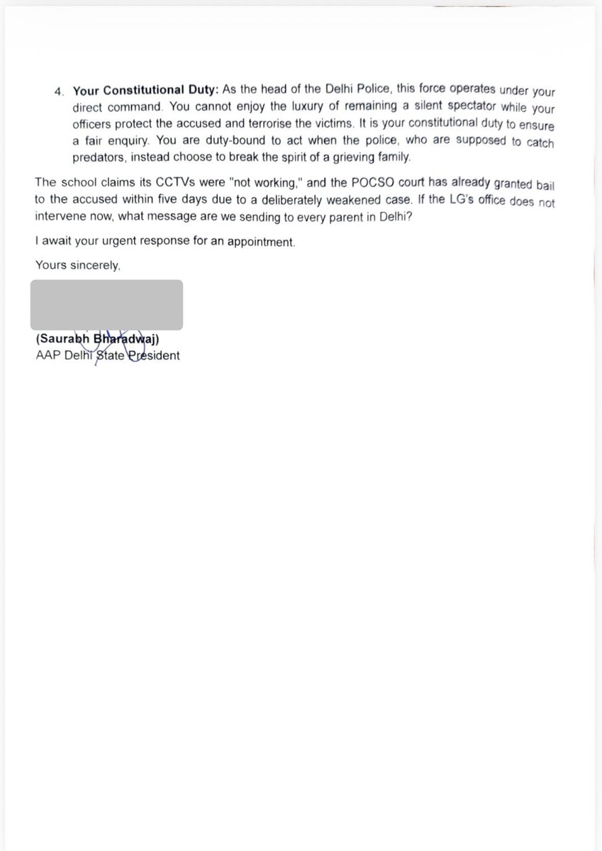 I have written to <a href="/LtGovDelhi/">LG Delhi</a> saab seeking Urgent Appointment regarding the harrowing Janakpuri School Rape Case of 3 yr girl and sought  action against DCP Darde &amp; others for the systematic harassment of the victim’s family by Delhi Police officers.

I have also humbly reminded