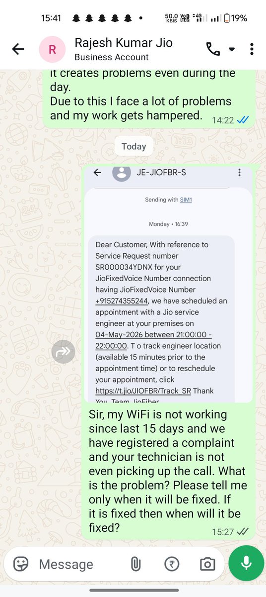 wise_scholor's tweet photo. 🚨My Jio AirFiber/WiFi connection has not been working properly for the last 10 to 15 days despite multiple complaints and repeated follow ups with the technician and sales team. Calls are not being answered and no proper resolution timeline has been provided till now.
Service Request Number SR000034YDNX was registered but no effective action has been taken. I have attached screenshots showing repeated calls messages and follow ups made by me.
Due to this issue my work is getting affected and the money paid for the service is being wasted every single day.
I request Jio to immediately: 

1️⃣ Restore the service without further delay
2️⃣ Provide compensation or validity extension for the downtime period
3️⃣ Take action against the irresponsible service support and technician response
If the issue is not resolved urgently I will be forced to escalate the matter before consumer grievance authorities and telecom regulatory platforms.
@JioCare @reliancejio @DoT_India  @GoI_MeitY @JM_Scindia
@khurpenchh @ShivamYadavjii
@AnilYadavmedia1 @umashankarsingh
@JaikyYadav16 @ravish_journo
@ndtv

#JioFiber #JioAirFiber #JioComplaint #ConsumerRights #TRAI #PoorService