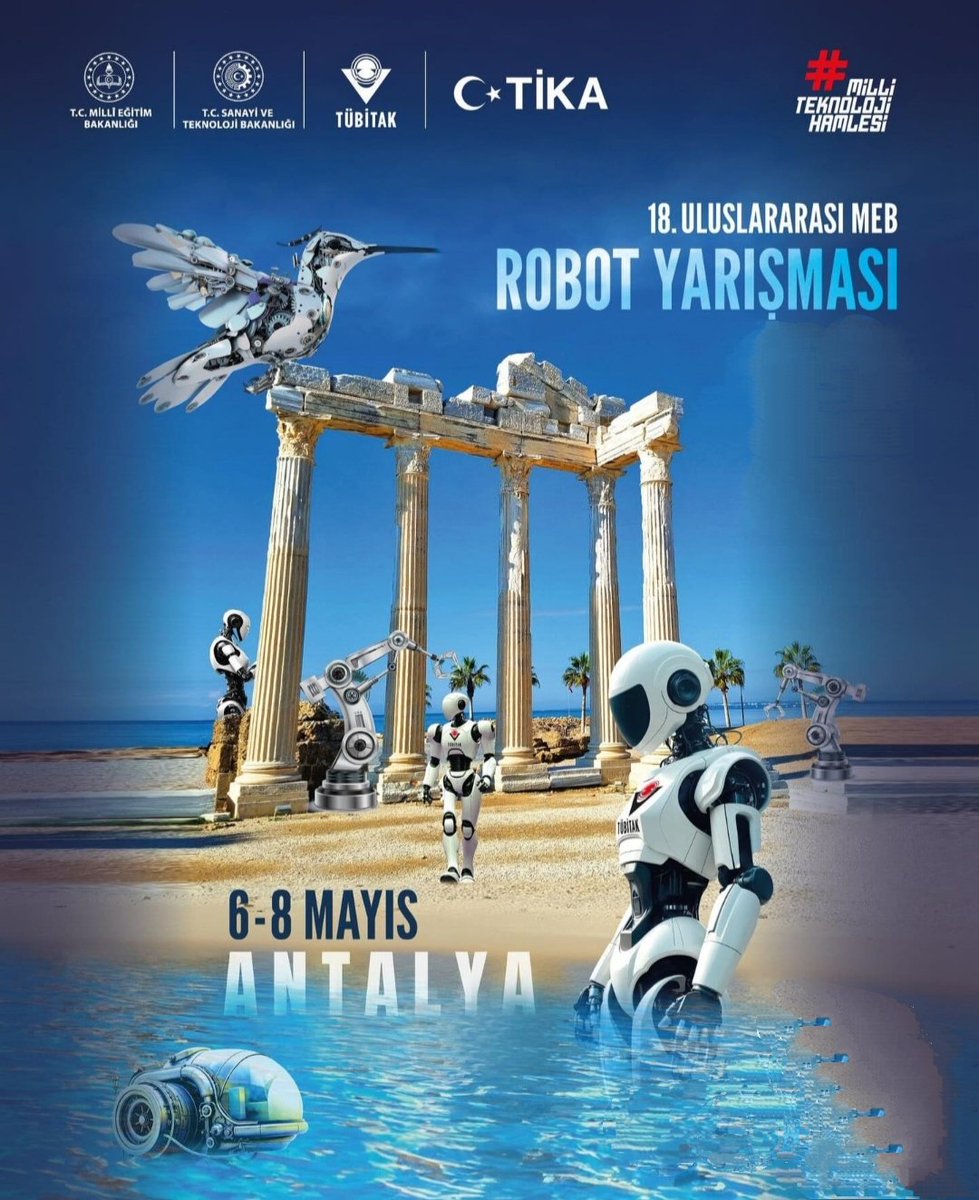 YBilsem's tweet photo. 18. Uluslararası MEB Robot Yarışması 
“Yeşil Vatan, Mavi Gelecek” temasıyla 6–8 Mayıs 2026'da Antalya'da gerçekleştirilen yarışmaya kurum olarak 7 takım 18 öğrencimizle katıldık 🚀 🤖
@MebOrgm @Murat4Kucukali @T_Kurtbeyoglu @MemYenimahalle https://t.co/VZWQi56kA7