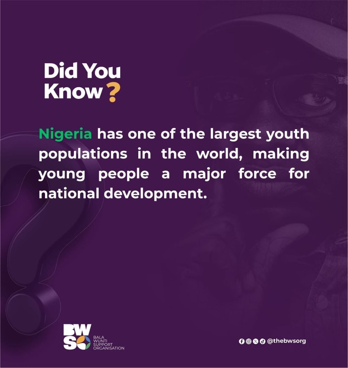 thebwsorg's tweet photo. Did You Know?
Nigeria has one of the largest youth populations in the world, making young people a major force for national development.
#BWSO #BalaWunti #Bauchi2027 https://t.co/fm5QEtHaCf