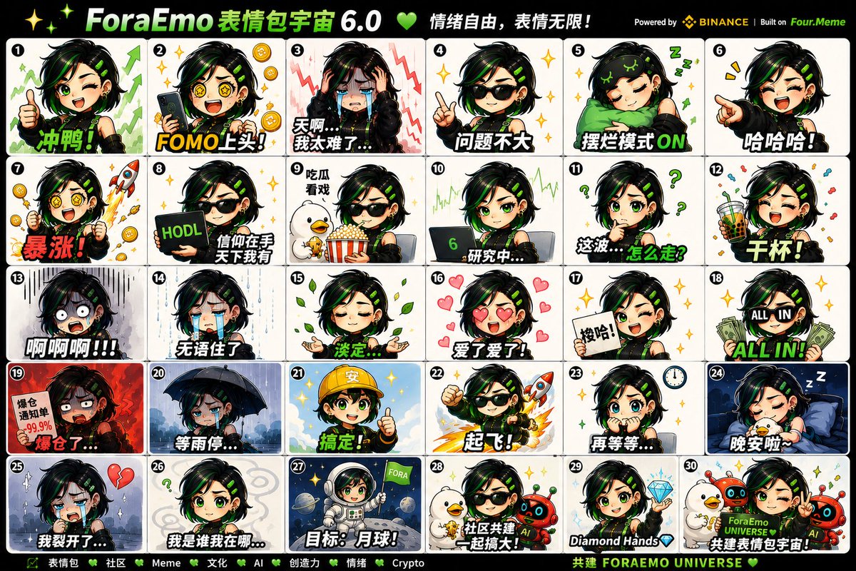 ForaEmo's tweet photo. ForaEmo 表情包宇宙 6.0 来了。💚

这一版，
已经不只是表情包。
而是整个 Crypto 世界的：
📈 牛市情绪
📉 熊市创伤
😵‍💫 FOMO人格
🫠 摆烂哲学
🚀 登月梦想
💎 Diamond Hands 信仰

从：
“冲鸭！”
到：
“我是谁我在哪…”
每一格，
都像在监控 degens 的真实人生。👀
现在的 Crypto Twitter：
不需要翻译。
只需要发一张 ForaEmo。🎭
Built on https://t.co/EnjtzynOEi
Powered by Binance
共建 FORAEMO UNIVERSE ✨
#ForaEmo #MEME