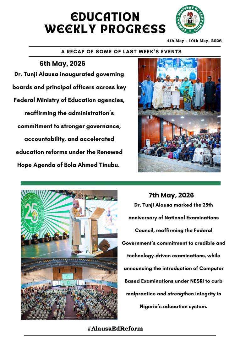 DonmaxwellV's tweet photo. Recap of last week's activities of the honourable minister  @NigEducation @DrTunjiAlausa and all the happening in the ministry.
Education weekly Progress 

#AlausaEdReform https://t.co/QBLNqCWrMv