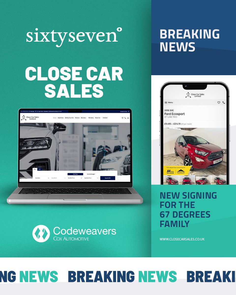 67degreesuk's tweet photo. New websites are now live with us! Welcome to the 67 Degrees family, Les Rayner Fox Hunters, The Motor Buyers, Close Car Sales, and Junction 25 Sales 📈

With seamless finance integrations from @Codeweavers_Ltd and iVendi, this website is built for success. https://t.co/P3bUdQiTRr