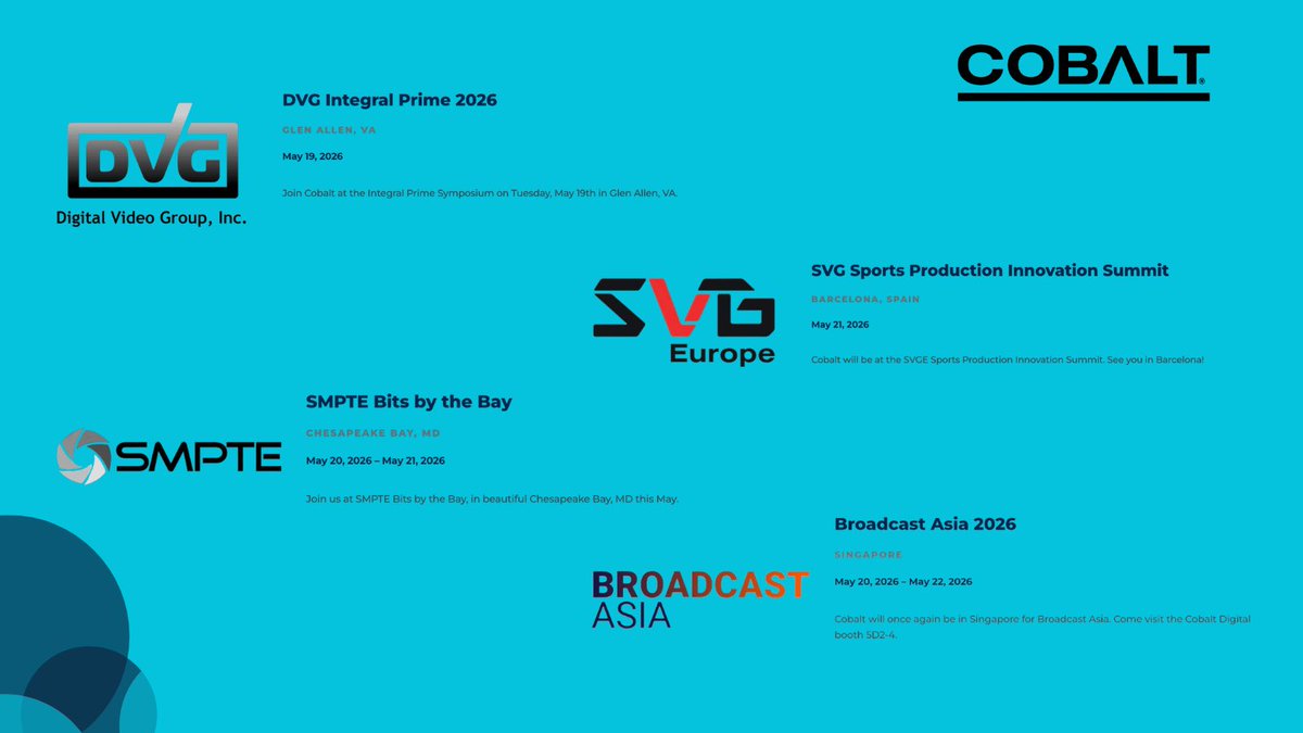 CobaltDigital's tweet photo. Next week, the Cobalt team is everywhere! 🌍
📍 DVG Integral Prime | Glen Allen, VA | 19 May  📍 Broadcast Asia | Singapore | 20–22 May | Booth 5D2-4  📍 SMPTE Bits by the Bay | MD | 20–21 May  📍 SVG Summit | Barcelona | 21 May
Come find us! #BroadcastTech #CobaltDigital https://t.co/mFAfYpnqd0