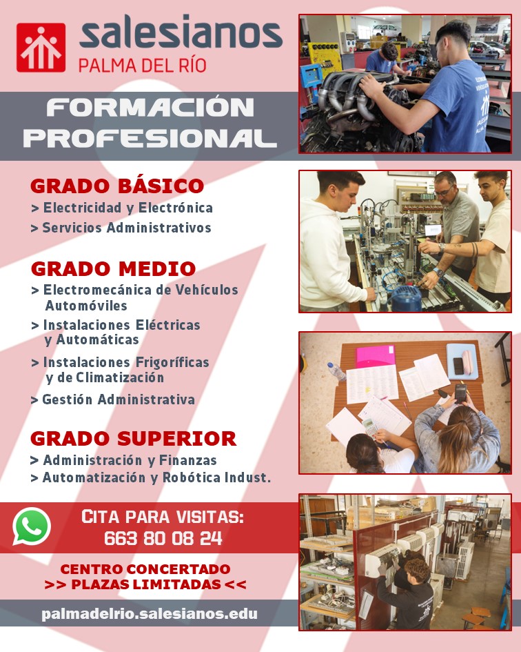 SalesianosPAL's tweet photo. ¿PENSANDO EN TU FUTURO? Ven y fórmate con los líderes de la Formación Profesional. Grados Básicos, Medios y Superiores.

¿Talleres en el centro o en las empresas? ¡Nosotros te ofrecemos ambas cosas!

#SalesianosPalmaDelRio #Salesianos #CreciendoJuntos  #FormacionProfesional https://t.co/72tPndvx0O
