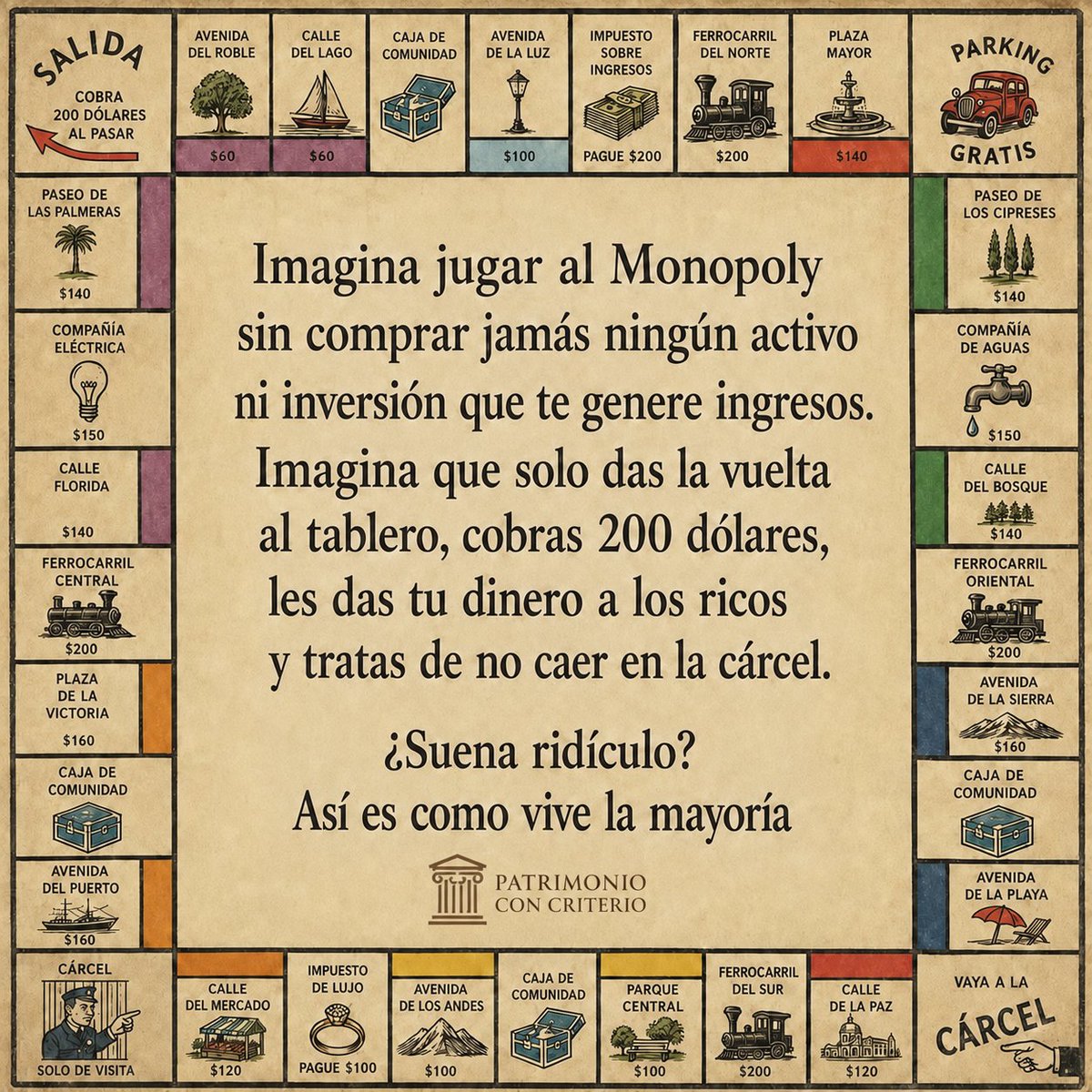 patrimcriterio's tweet photo. Esta imagen me dejó pensando…

Imagina jugar al Monopoly sin comprar jamás ningún activo ni inversión que te genere ingresos… https://t.co/ai5grkC0R9