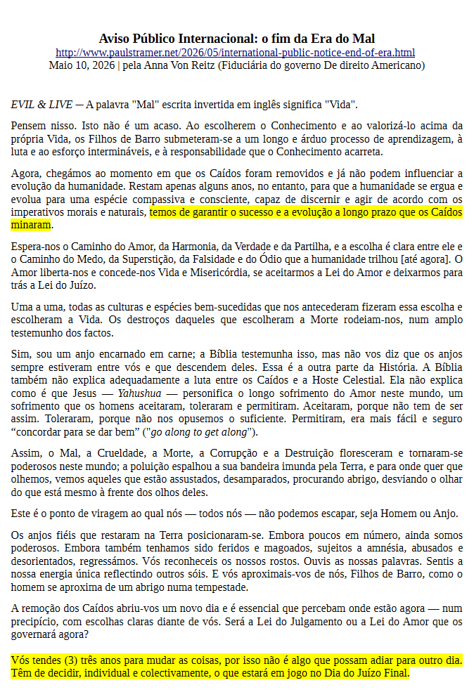 RestaurarPortug's tweet photo. Aviso Público Internacional: o fim da Era do Mal
https://t.co/S7I9VVIR23
Maio 10, 2026 | pela Anna Von Reitz (Fiduciária do governo De direito Americano) https://t.co/81MY9AUqUj