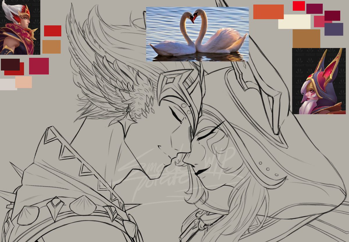 Smackpotatogurl's tweet photo. Bet you guys didn't expect a Xayah Rakan art piece, I find laying your foreheads together more intimate then a kiss. You see swans do it, you can see couples do it. 

Anyhow, yes we are over complicating. We have two versions, closed eyes or open.

#xayah #rakan #LeagueOfLegends https://t.co/5qY3TmRGF7