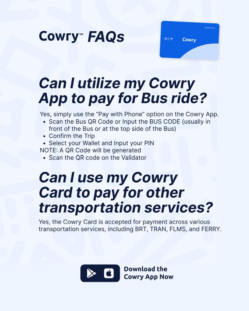 paywithcowry's tweet photo. Got questions about Cowry?
We've got answers!
From what it is to where to use it, this FAQ post breaks it all down for you.
Follow us for more updates
#CowryCard #CowryApp #youwillneverbestranded #lagoscommute https://t.co/o85OR9wpYA
