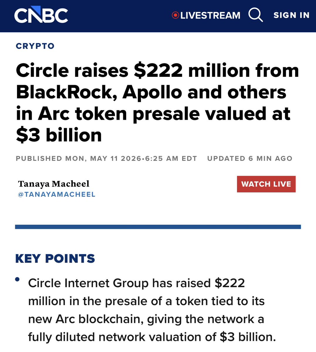 andyyy's tweet photo. NEW: Circle raises $222M from a16z, BlackRock, and Apollo for ARC blockchain and token presale.

Token valuation is $3B FDV. https://t.co/jUg5KIhd63