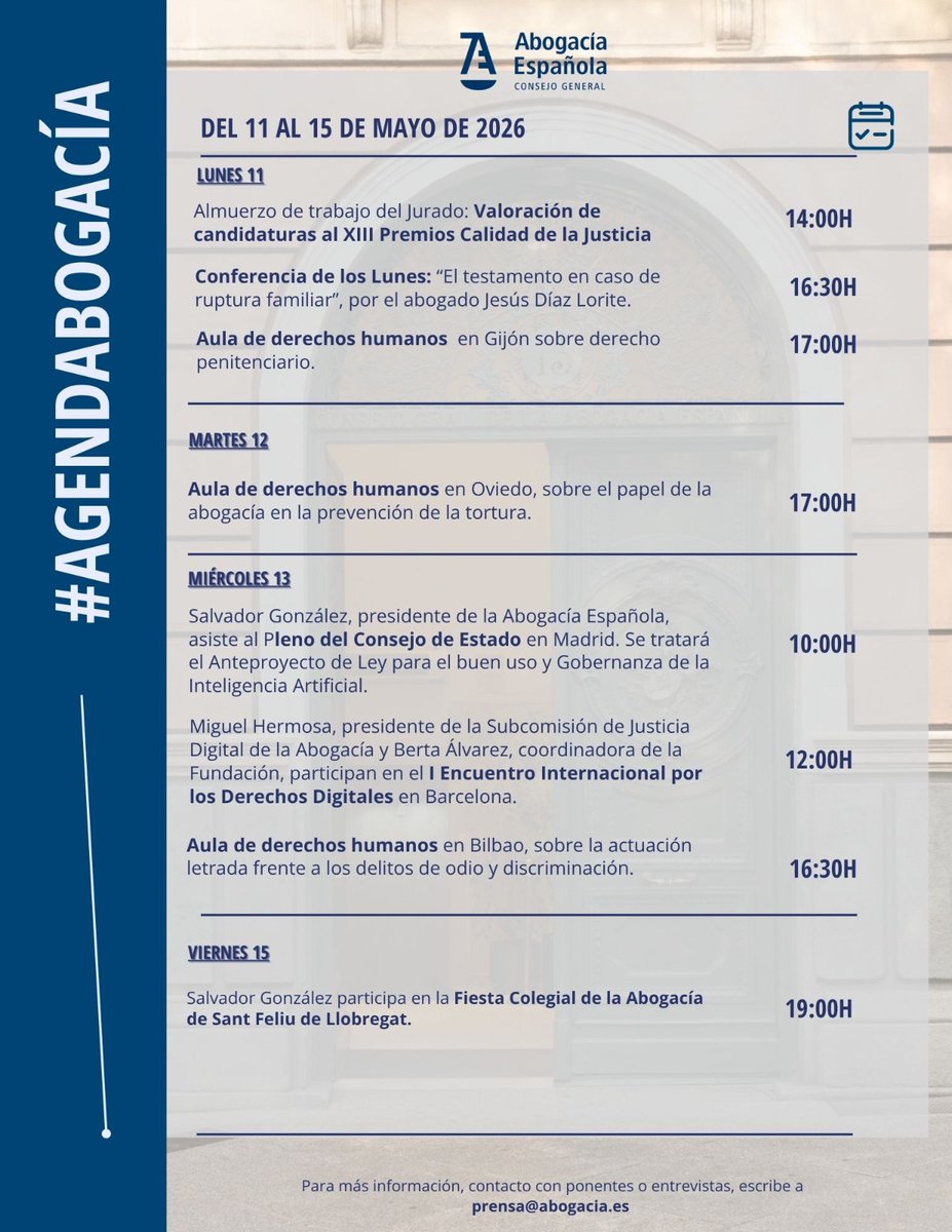 Abogacia_es's tweet photo. 📅 ¡Ya está disponible la #AgendaAbogacía de esta semana!
Conferencia de los lunes, #AulaDDHH, distintos encuentros y mucho más.
💻 No te pierdas ninguna actividad y consulta toda la información en la web de https://t.co/WiN77y8lpX https://t.co/yNYe13vVGE