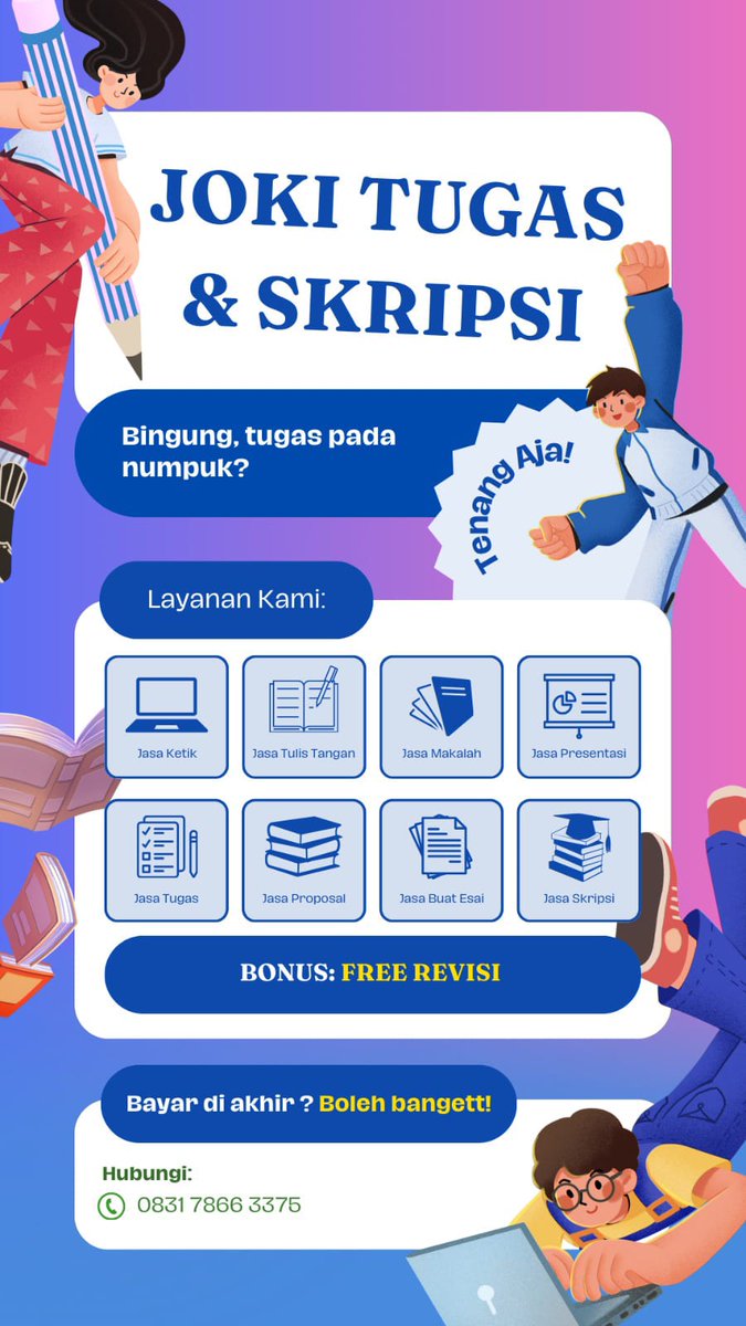 cekricekpro's tweet photo. 📚 Tugas belum kelar?
🎓 Skripsi bikin pusing?

Tenang, ada solusinya...

✨*JOKI TUGAS &amp; SKRIPSI* ✨
🔹 *Bonus*: Free revisi
🔹 *Payment di akhir?* boleh dong!
🔹 Privasi aman  

_Slot terbatas tiap minggu!_
Chat sekarang sebelum full 🚀 https://t.co/WnyRHyH54F