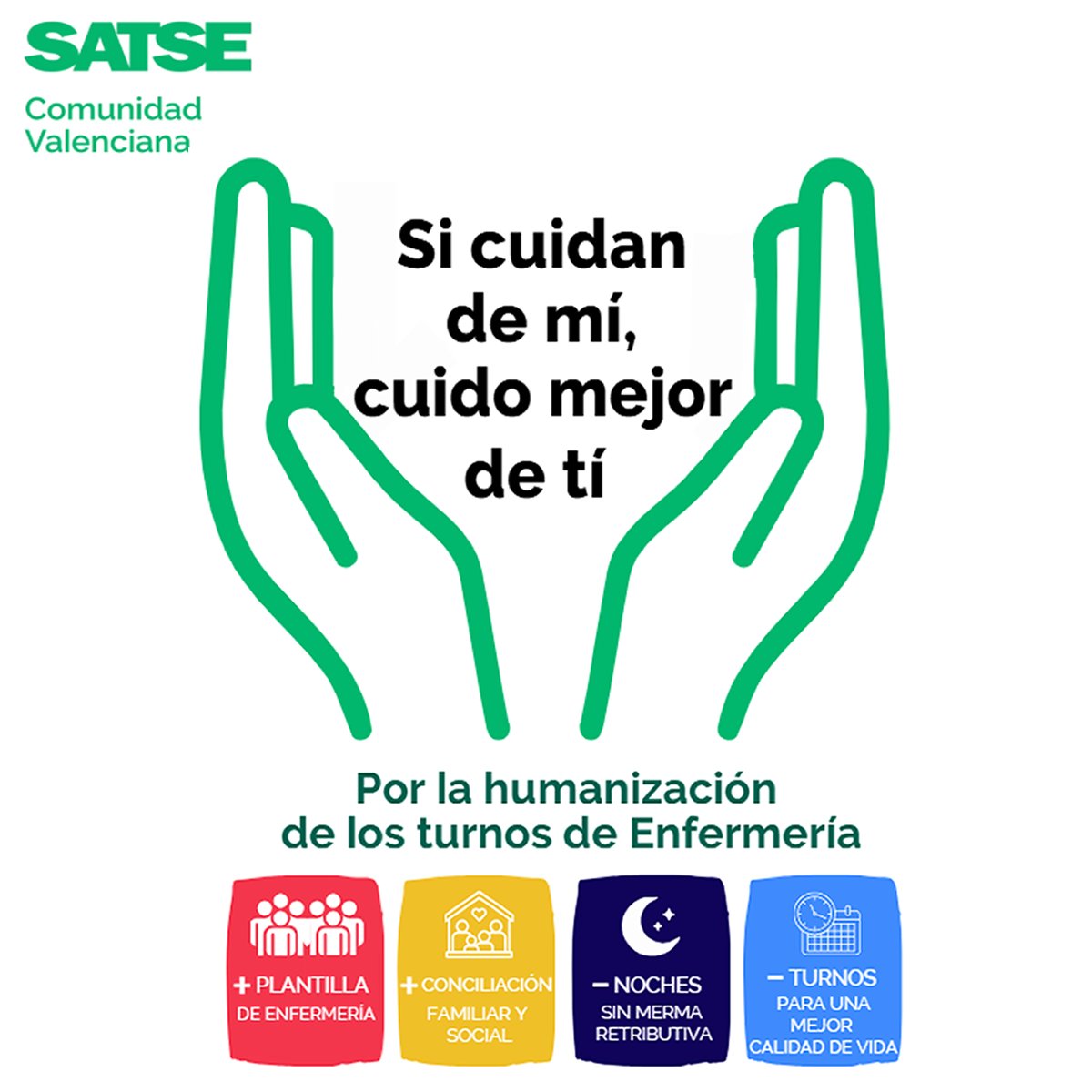 SATSE_CV's tweet photo. SATSE lanza la campaña “Si cuidan de mí, cuido mejor de ti” 💚

👉🏻En defensa de la #saludlaboral y las condiciones de la #Enfermería de #AtenciónEspecializada

👩🏻‍⚕️👨🏻‍⚕️ Porque #cuidar a quien cuida es clave para una mejor atención sanitaria 

🔗 https://t.co/EV8PjhHhG7 https://t.co/1DXUDA1MDE