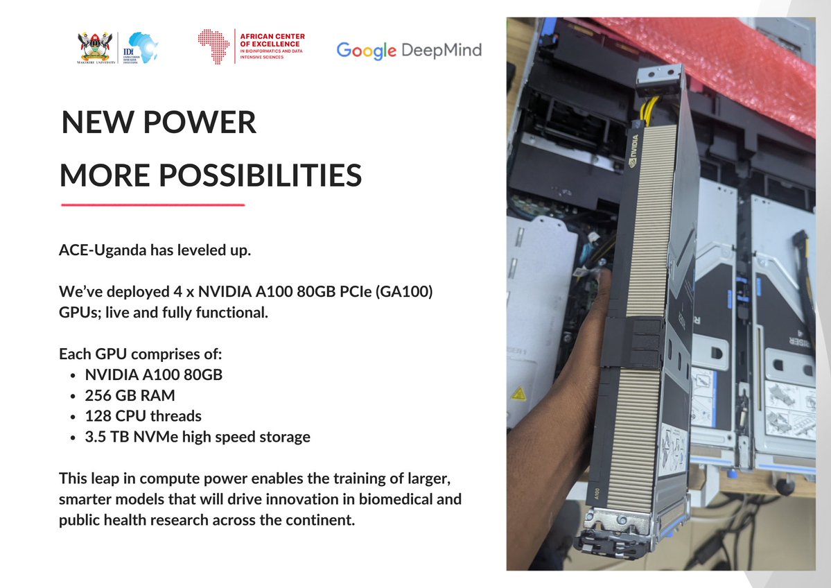 AceUganda's tweet photo. Not just an upgrade. A leap.

ACE-Uganda has added GPU power to its arsenal; unlocking new possibilities in bioinformatics,  data science and AI.

The beginning of a new era for scientific compute capacity in our continent.

#ACEUganda #bioinformatics #datascience https://t.co/SEVqDgxTSY