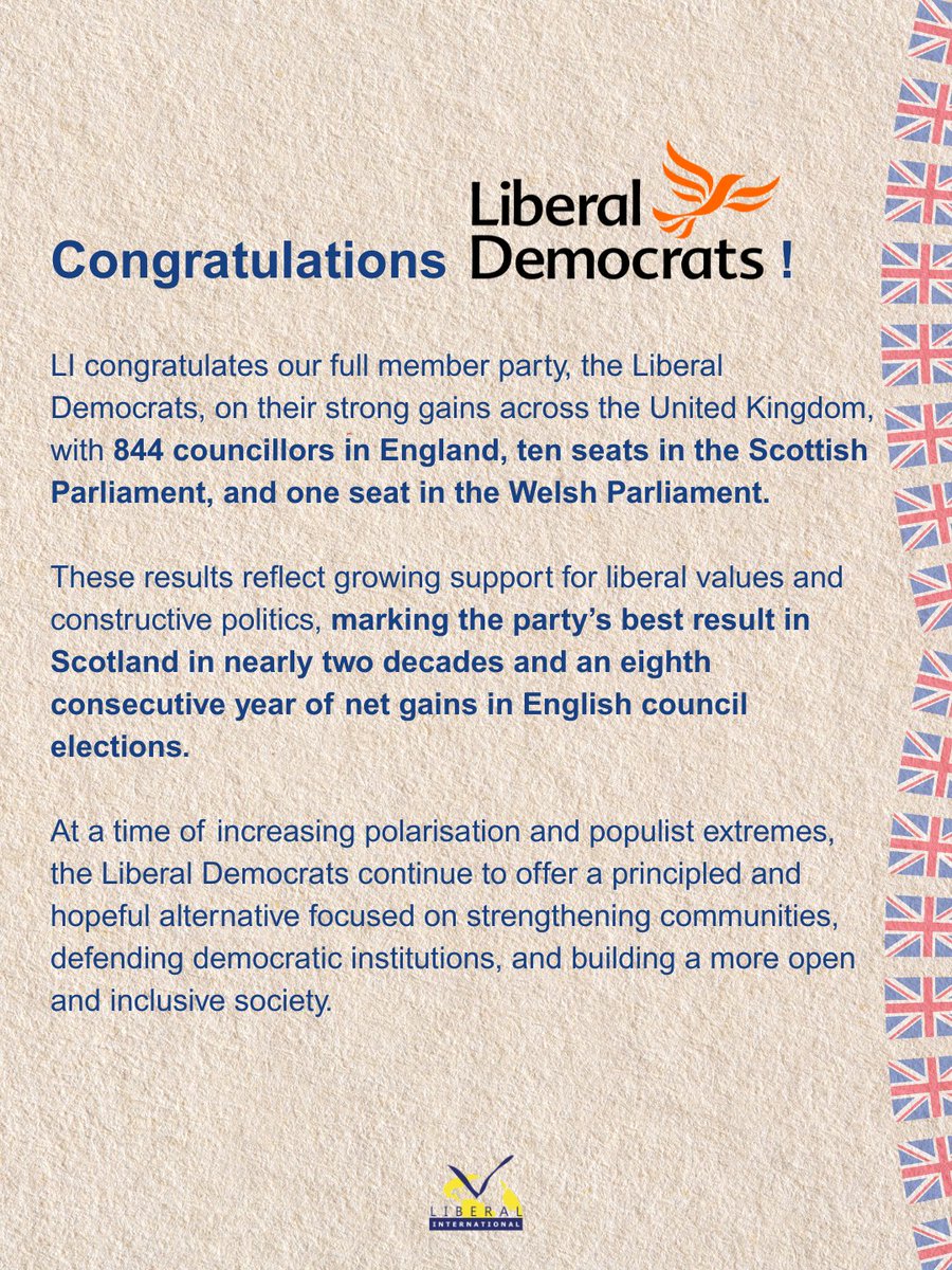 liberalinternat's tweet photo. Congratulations to our full member party, the @LibDems, on their strong gains across the UK.

These results are a powerful reminder that liberal, democratic, and constructive politics continue to resonate with voters. https://t.co/12dPEAkbJT