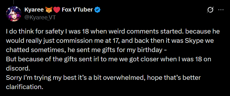 DarkGrimlist's tweet photo. @Kyaree_VT Just to be very clear you later debunk the claim of you being 17 when the flirting went on also you failed hold yourself accountable on labeling yourself as 17 when you were 18 you should probably delete your post as well since it still just as inconsistent https://t.co/N2hnFN5Cob