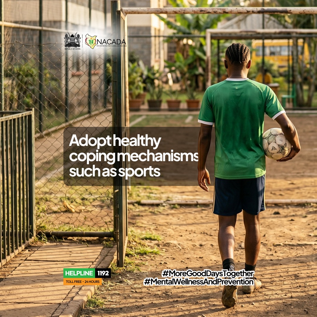 NACADAKenya's tweet photo. 🧠 STRESS. PEER PRESSURE. ISOLATION. CHOOSE HEALTHY COPING.

Stress, peer pressure and social isolation can increase vulnerability to alcohol and drug abuse.
This month, we encourage young people to adopt healthy coping mechanisms:

⚽ Sports
🎨 Creative arts
🤝 Mentorship
🗣️ Counselling

Choose health. Choose resilience. #MentalHealth