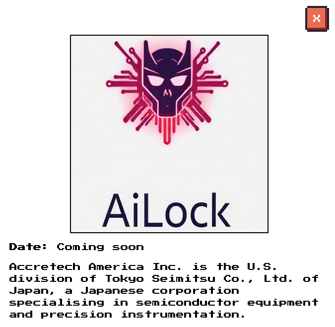 _venarix_'s tweet photo. #Ailock #ransomware group has listed Accretech America, Inc. 🇺🇸 (https://t.co/KymBr5nX29) on its blog as a confirmed victim of a #cyberattack.
#Accretech markets, installs, and services measuring instruments and semiconductor equipment from Tokyo Seimitsu 🇯🇵.
#TYO7729
Track this incident on #VenariX ➡️ https://t.co/bgVoqcEHEN
#InfoSec #CyberSecurity #USA #semiconductor