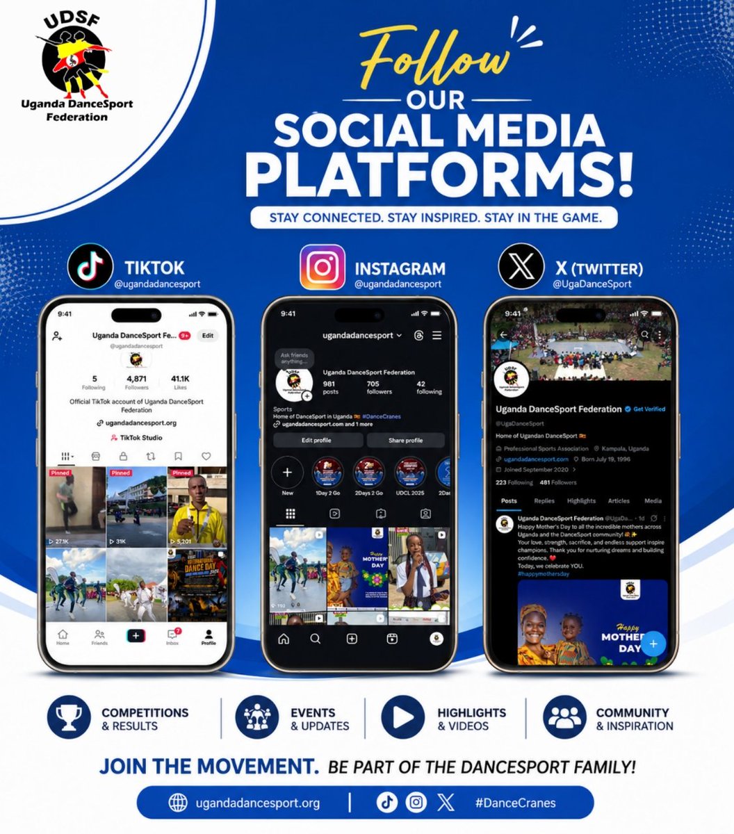 UgaDanceSport's tweet photo. Stay connected with the official social media platforms of the Uganda DanceSport Federation for competitions, highlights, updates, performances, and all things DanceSport in Uganda ๐บ๐ฌ
๐ฒ TikTok: @ugandadancesport
๐ธ Instagram: @ugandadancesport
๐ฆ X: @UgaDanceSport
#UDSF https://t.co/TvBUsYGpKP