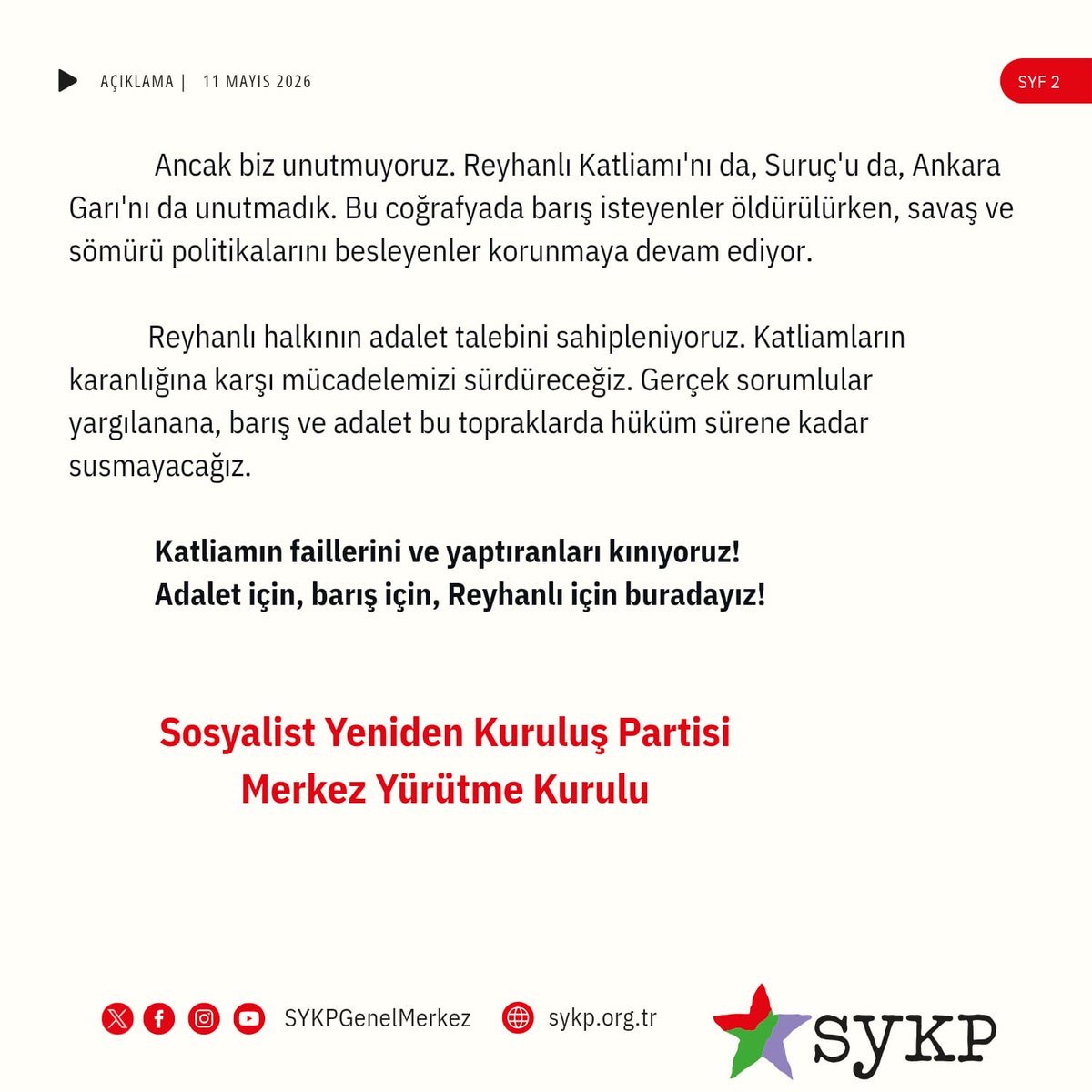 SYKPgenelmerkez's tweet photo. Reyhanlı Katliamını Unutmadık 
Hesabını Sormaya Devam Edeceğiz! https://t.co/OctTRj7ONi