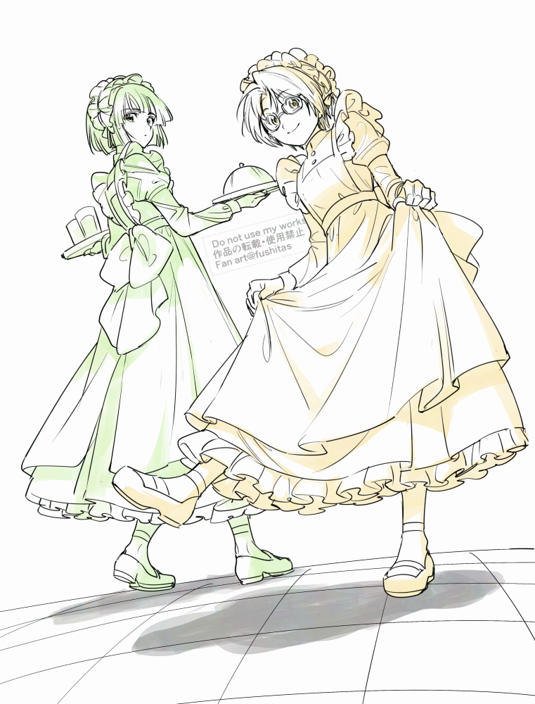 fushitas's tweet photo. 遅刻だけどやっぱ描きたかったクラシカルスタイル寄りめーど服のアとヒ（女装注意） https://t.co/RwiNCoKLLa