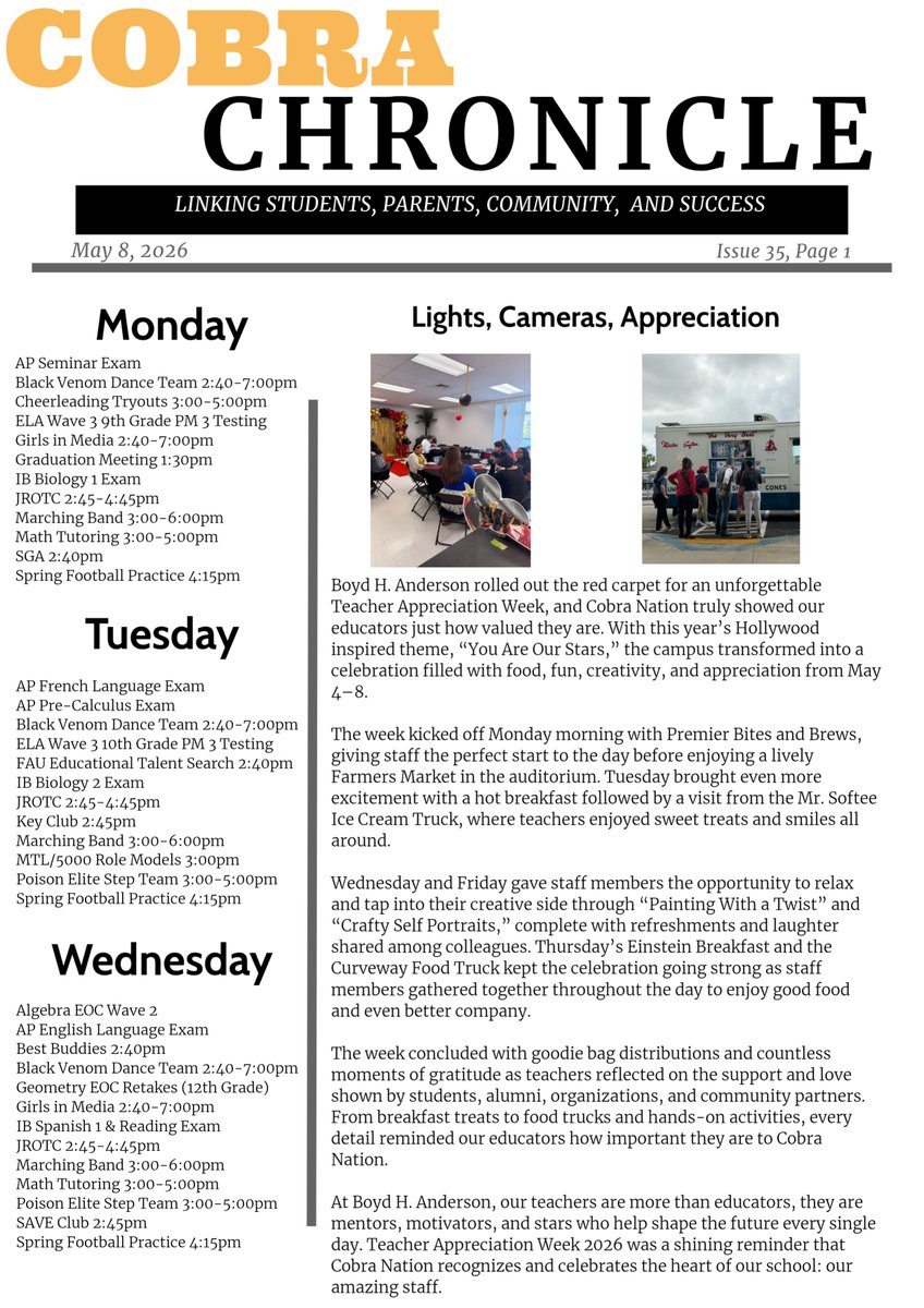 BAHSCobras's tweet photo. This week's edition of the Cobra Chronicle! @JamesGriffin_II @MrsLehmanBAHS @kionardra @GiaHRoberts https://t.co/BJLbKS04q2