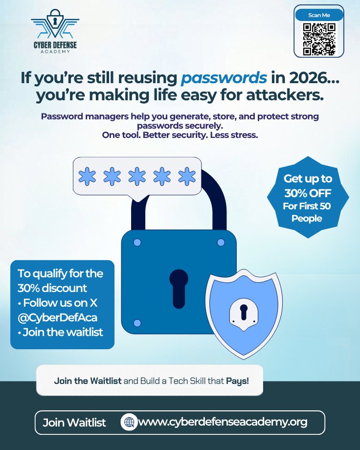 CyberDefAca's tweet photo. Most people use weak or repeated passwords because they’re easier to remember.

Attackers know that.

A password manager helps you:

• Create strong passwords
•Store them securely
•Avoid reusing the same password everywhere
•Reduce the risk of account compromise

Some popular options include:

• Bitwarden
• 1Password
• LastPass

Security starts with better password habits.
Learn how to protect your accounts properly:

https://t.co/QyoHfqgZna

30% off for the first 50 people.