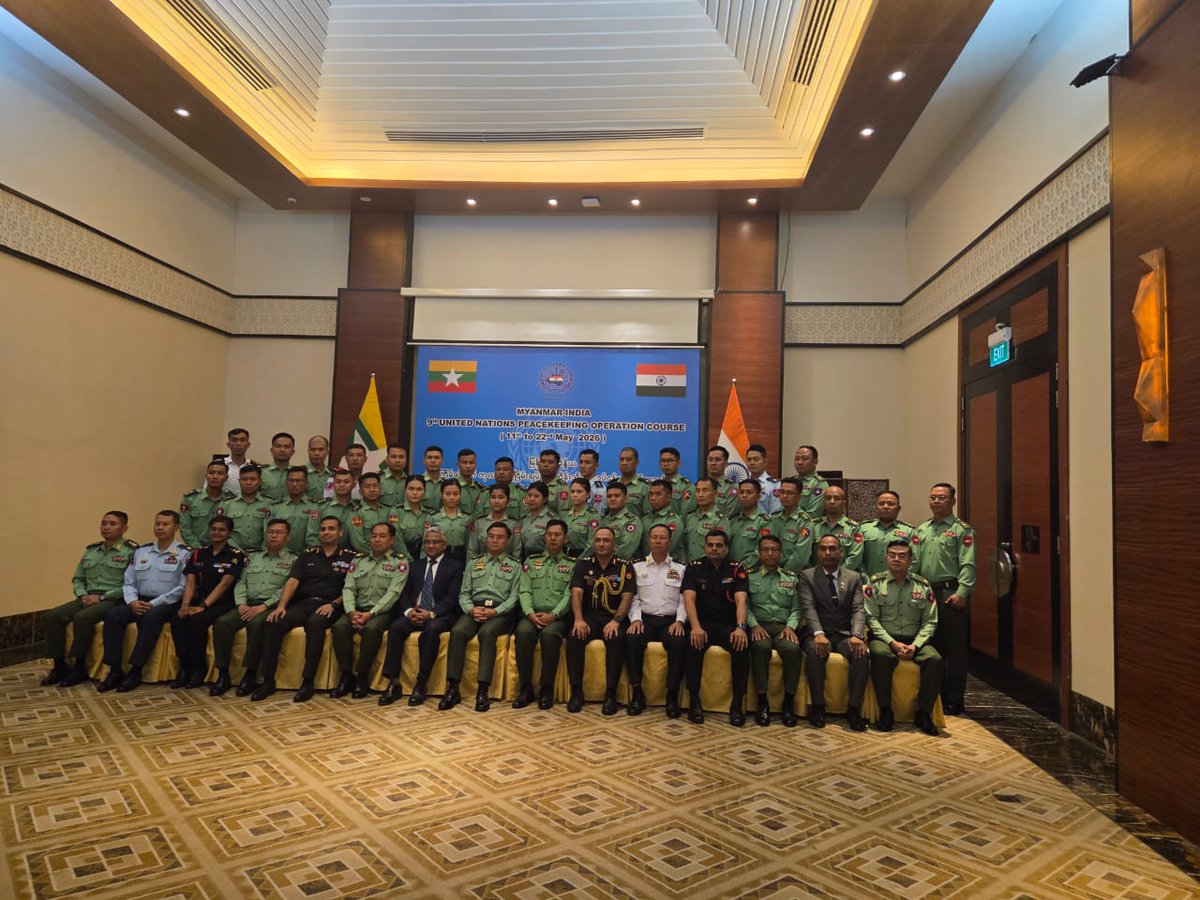 IndiainMyanmar's tweet photo. A 2-week course on UN Peacekeeping Operations by a 3-mrmber training team from Centre for UN Peacekeeping, New Delhi, for 30 Myanmar officers commenced today in Naypyitaw. Address by Amb Abhay Thakur covered  India's role in humanitarian missions contributing to global stability. https://t.co/t70cCh7ObJ