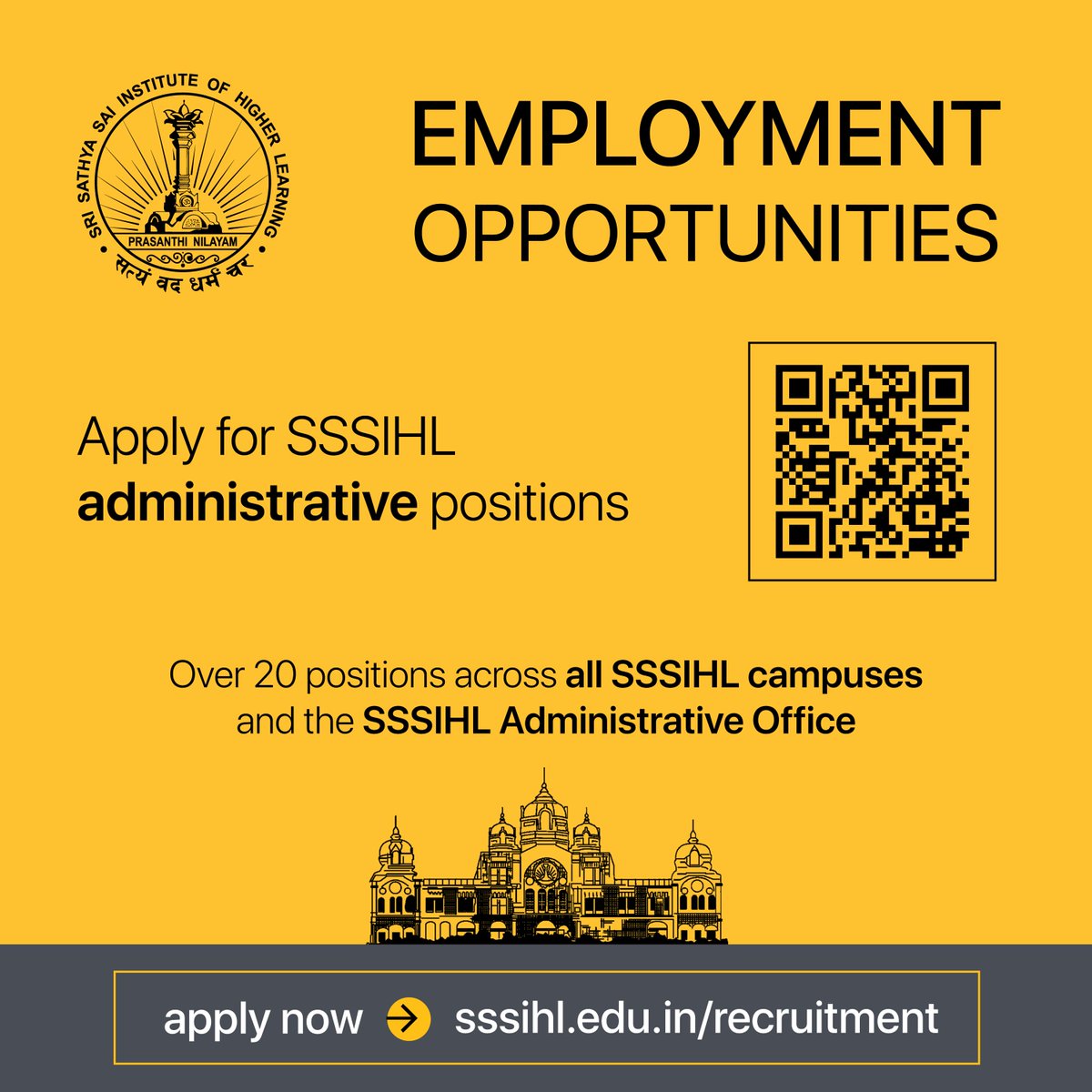 SSSIHL's tweet photo. SSSIHL | #Hiring for Administrative roles across multiple functions and campuses
Administration | HR | Finance &amp; Accounts | Stores &amp; Purchases | Systems | Digital Media | Library Services | Physical Edu. &amp; Sports | CSR and more
Apply before 25 May 2026: https://t.co/OqOfkyPSTx https://t.co/K2bNCJcDKi